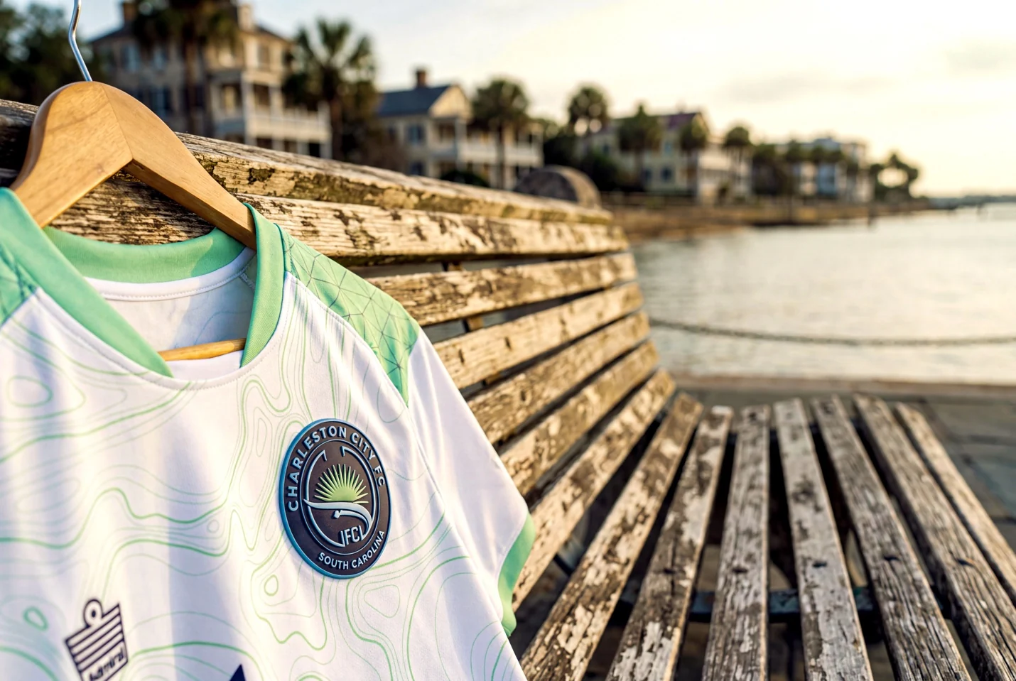 Charleston City FC white and teal jersey beside the water